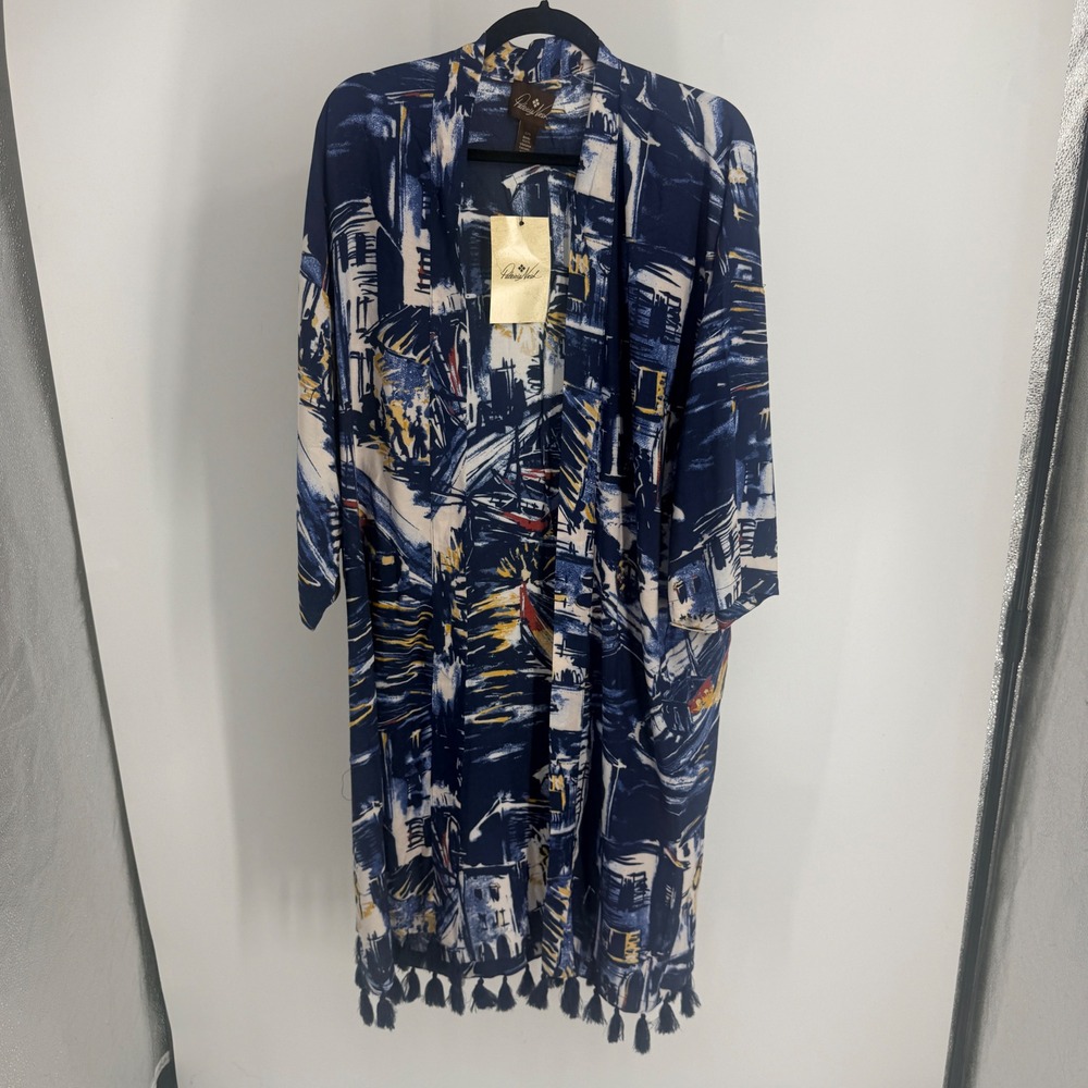 Patricia Nash Ruana Harbor Nights Print Tassel Cover Up Navy OS NWT Kimono